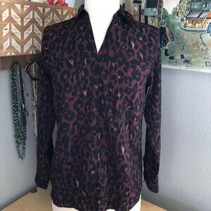 TALBOTS Petites Red Black Tan Animal Print Camp Blouse Women's size PS S